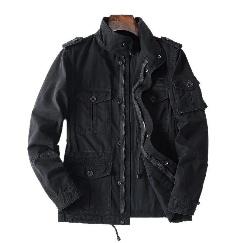 Men's loose-fit casual cotton jacket in light brown with zip front, shown on a model.