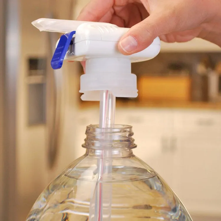 Manual pumping water device with blue handle and long silicone straw for transferring drinks.
