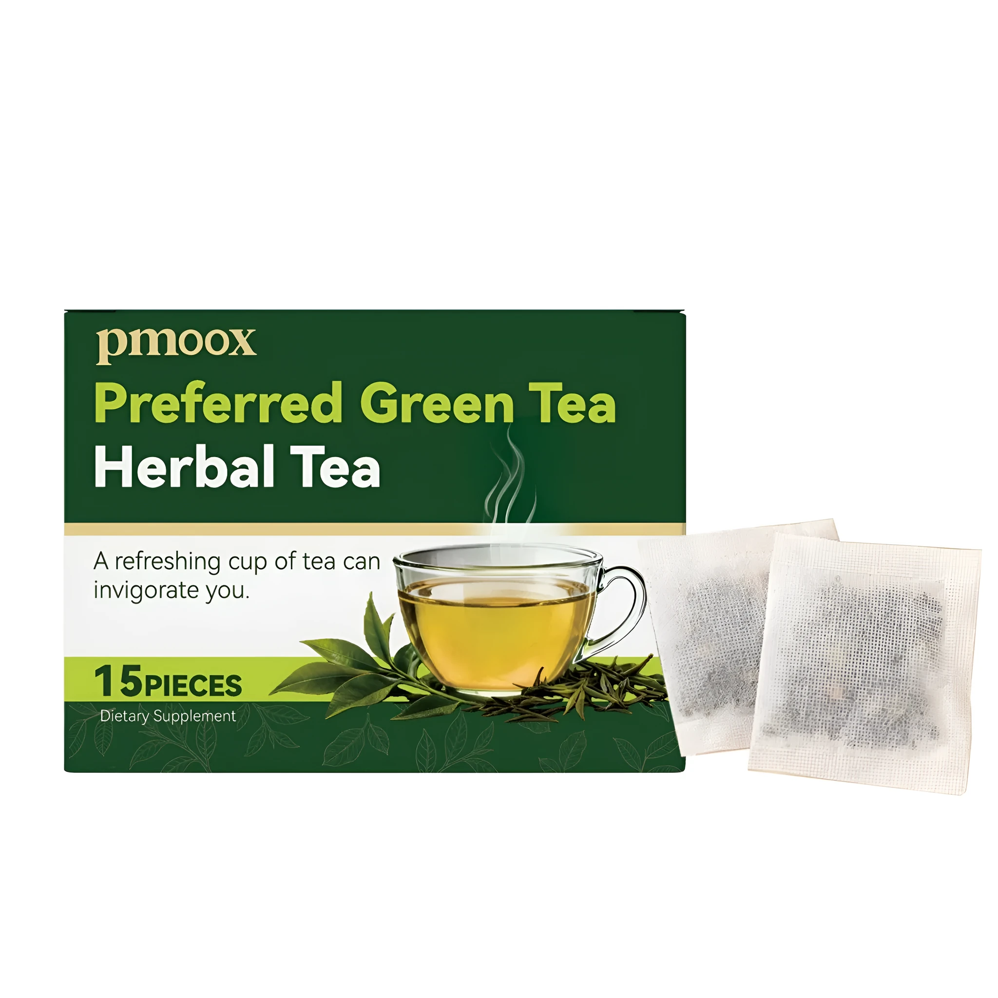 Pack of 15 green tea sachets, individually wrapped, on a flat surface