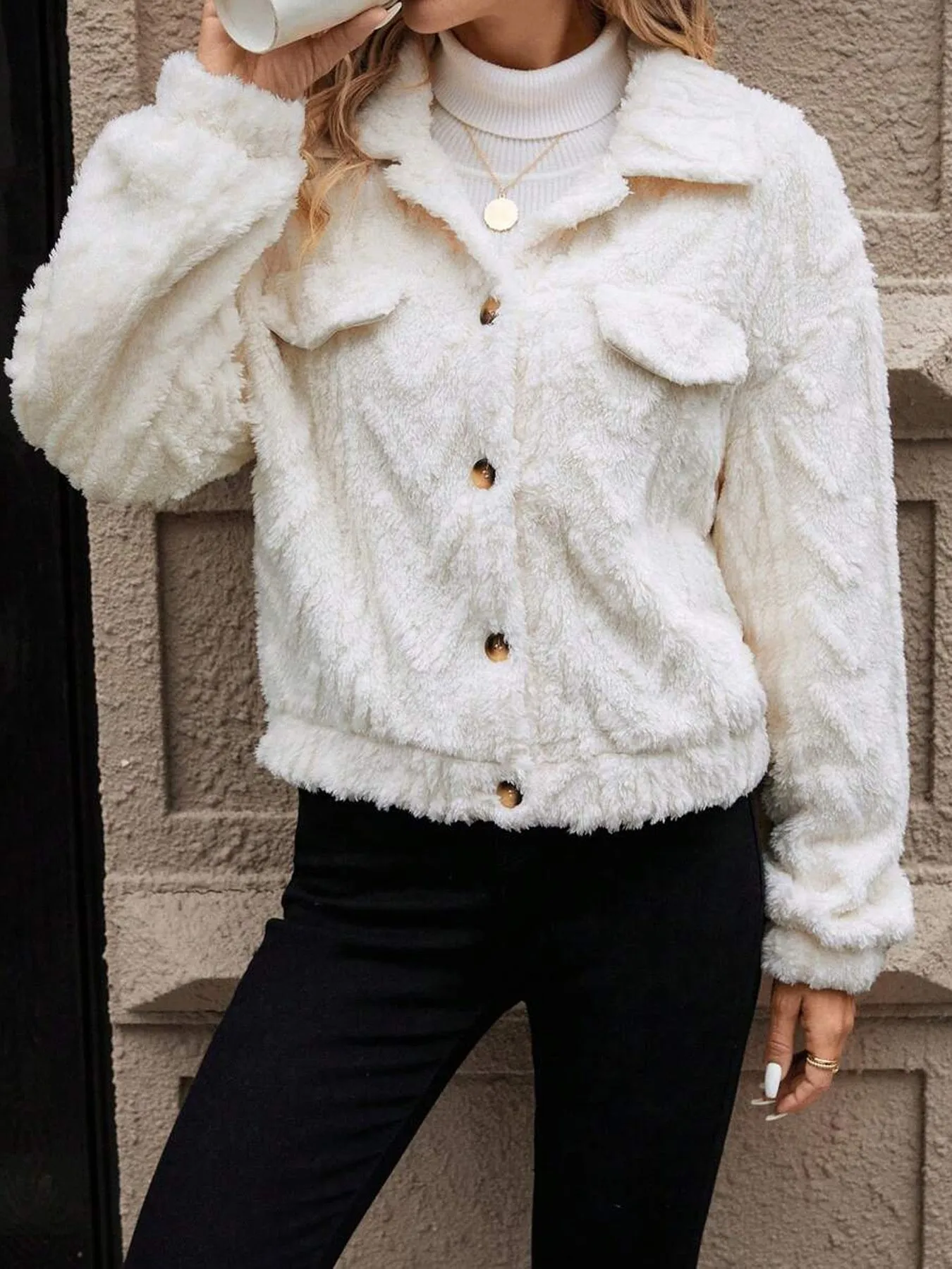 Women's ivory white polyester button cardigan coat with regular sleeves and double-sided plush construction