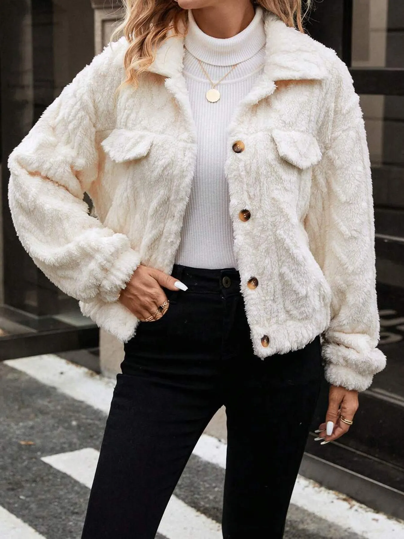 Women's ivory white polyester button cardigan coat with regular sleeves and double-sided plush construction