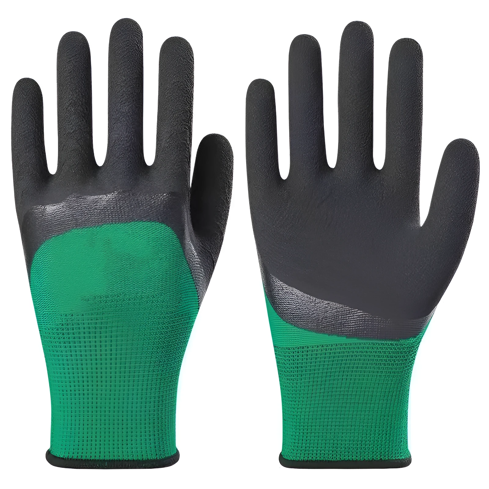 Black and green rubber work gloves with textured non-slip palm, shown from the side.