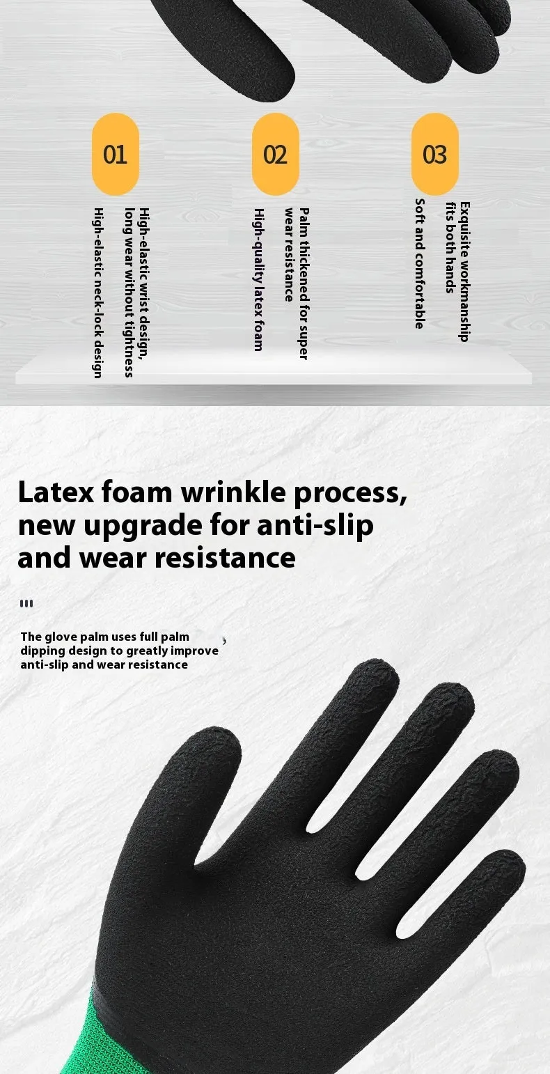 Black and green rubber work gloves with textured non-slip palm, shown from the side.