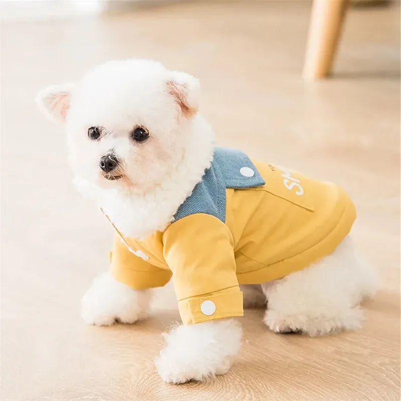 Yellow denim patchwork puppy coat for small to medium dogs with Sherpa fleece lining