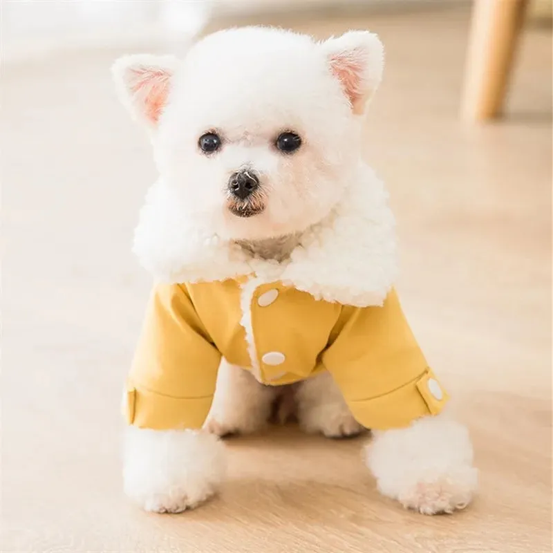 Yellow denim patchwork puppy coat for small to medium dogs with Sherpa fleece lining