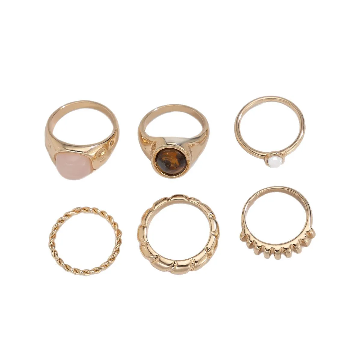 Set of six light gold geometric and round alloy rings with electroplated finish