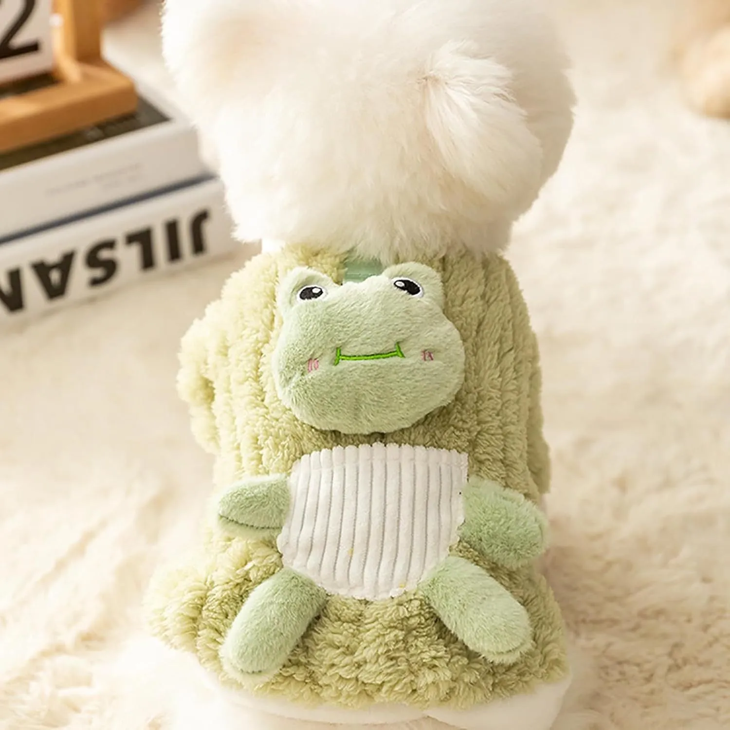 Green fluffy frog cartoon pet hoodie with 3D decal and D-ring for small medium dog cat