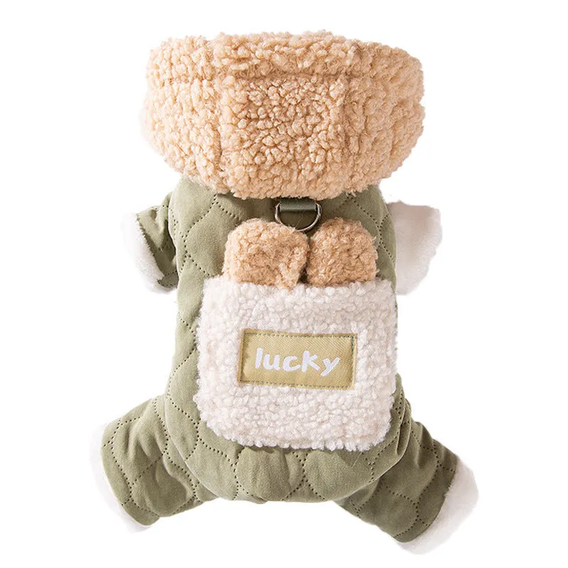 Thick quilted pet dog coat in brown with four-leg coverage and 3D bear ears