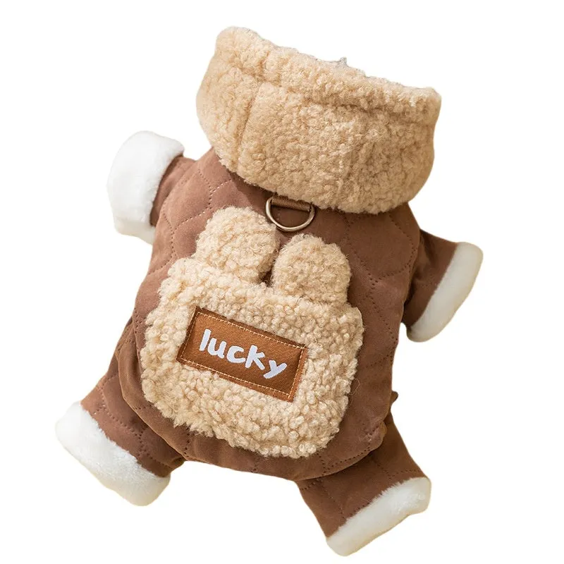 Thick quilted pet dog coat in brown with four-leg coverage and 3D bear ears