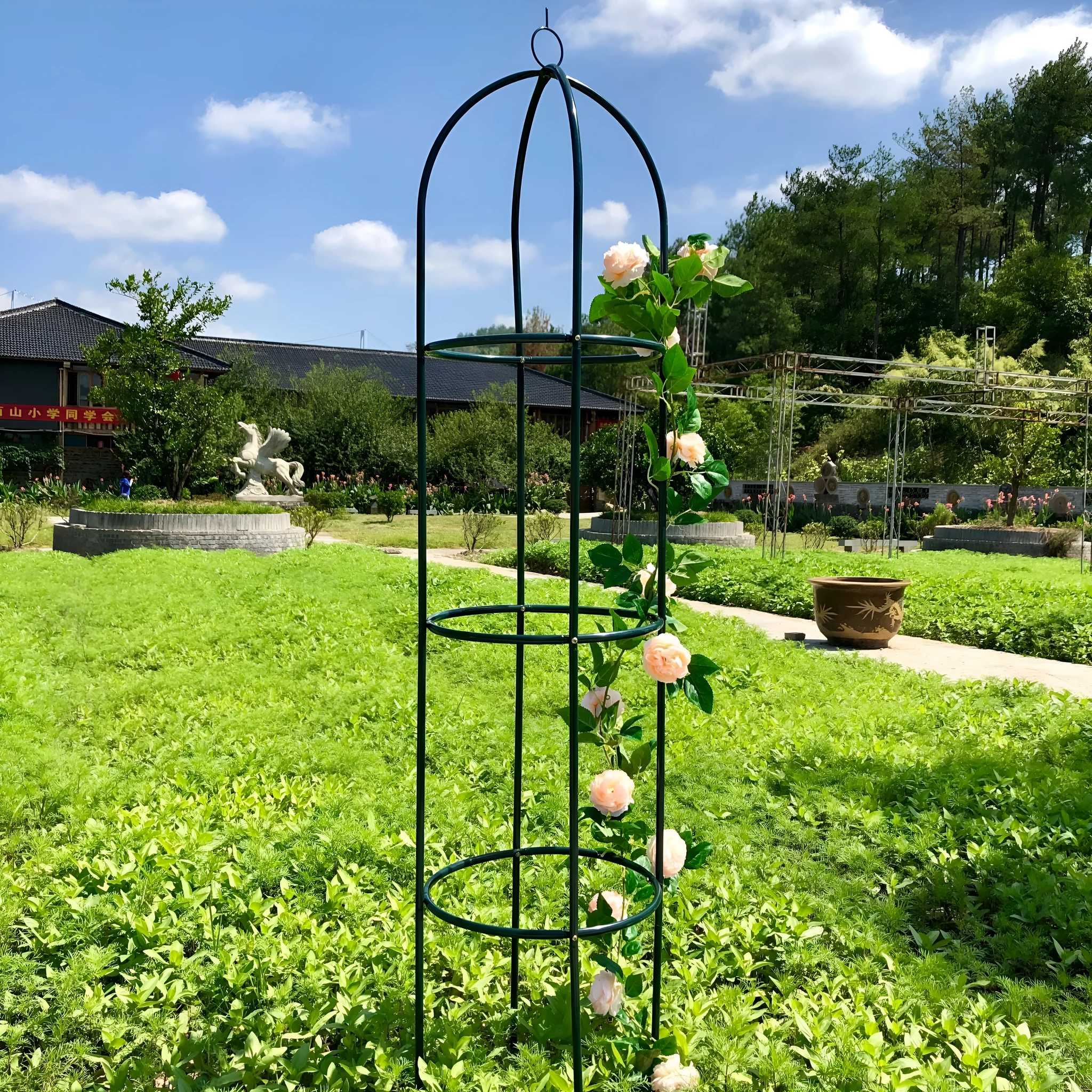 Dark green wrought iron plant climbing lattice stand for indoor floor use