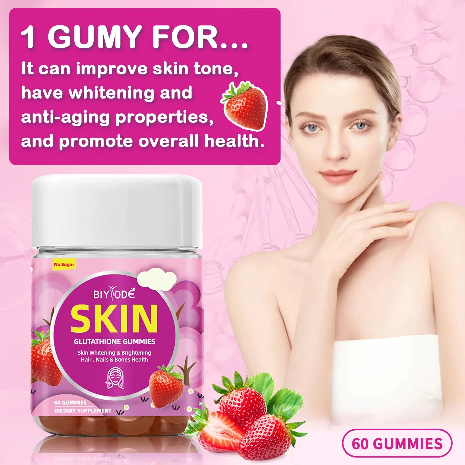 Bottle of private label skin whitening gummies with glutathione and collagen ingredients