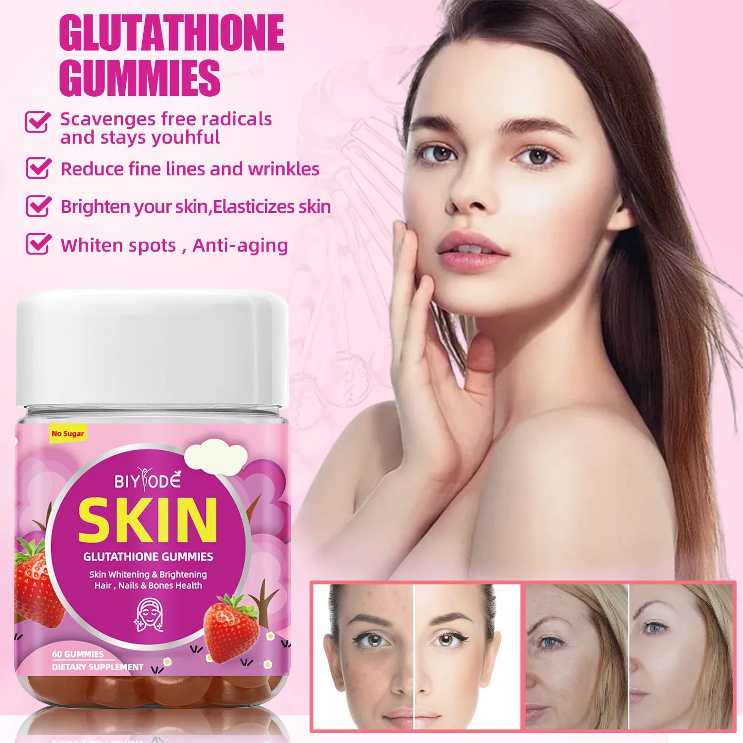 Bottle of private label skin whitening gummies with glutathione and collagen ingredients