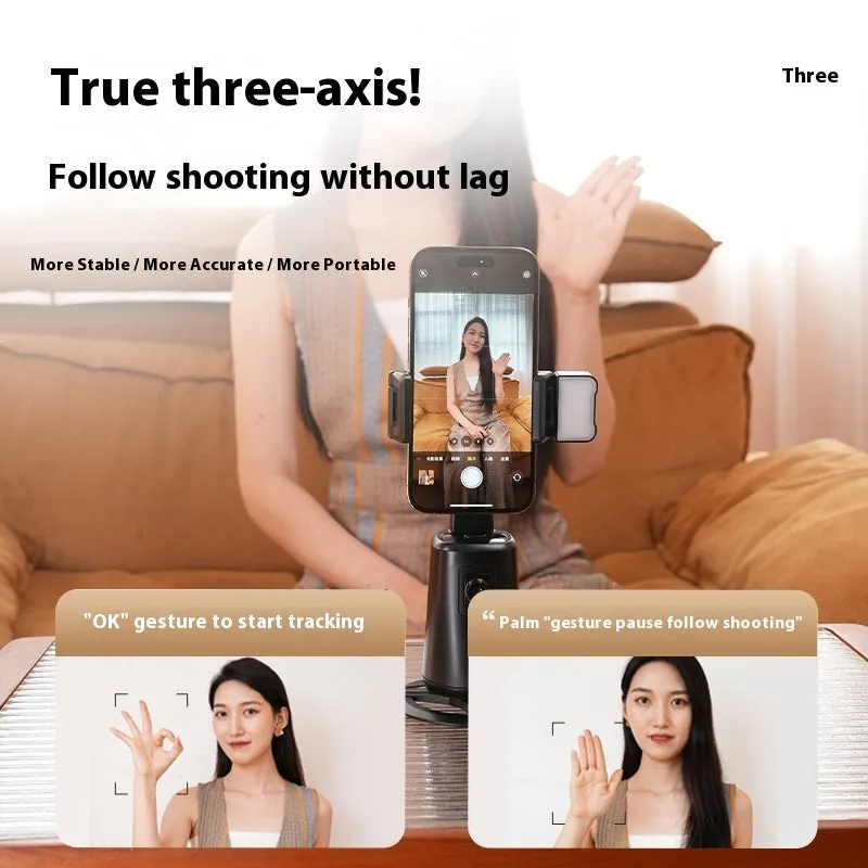 Black desktop camera bracket with face tracking, motorised rotation, and ribbon LED lighting for smartphones
