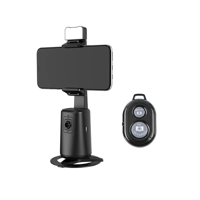 Black desktop camera bracket with face tracking, motorised rotation, and ribbon LED lighting for smartphones