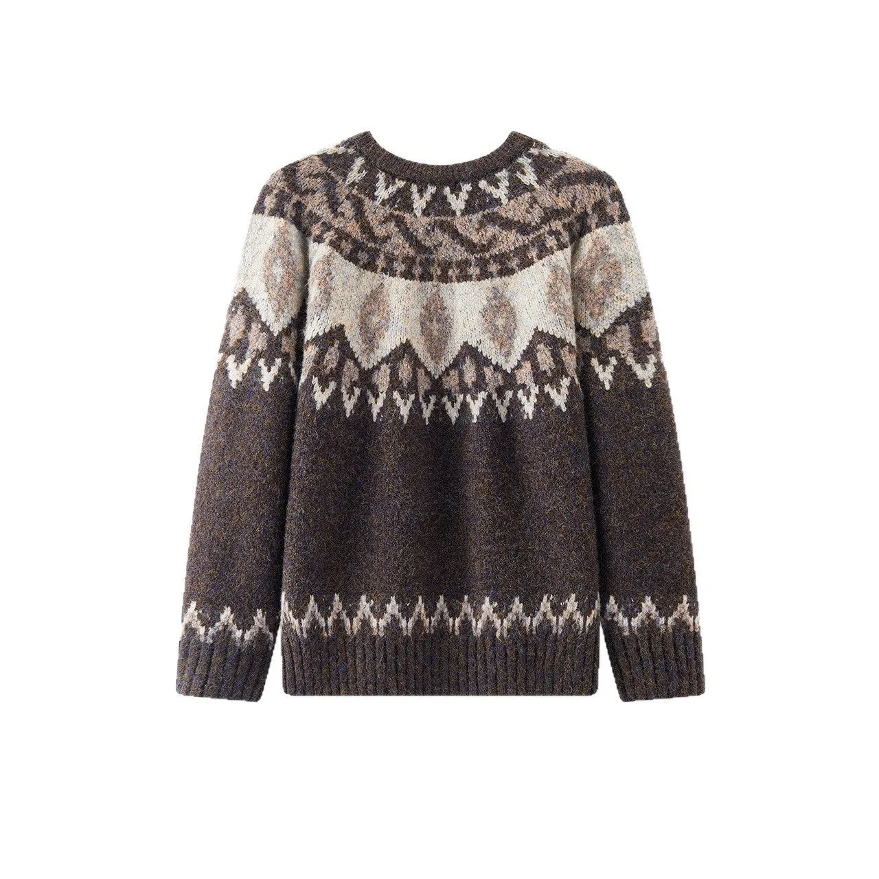 Men's round neck jacquard knitted sweater in brown, synthetic fibre blend, long sleeves, regular thickness