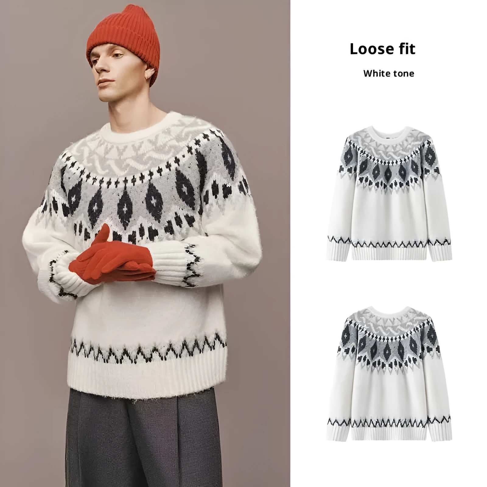 Men's round neck jacquard knitted sweater in brown, synthetic fibre blend, long sleeves, regular thickness