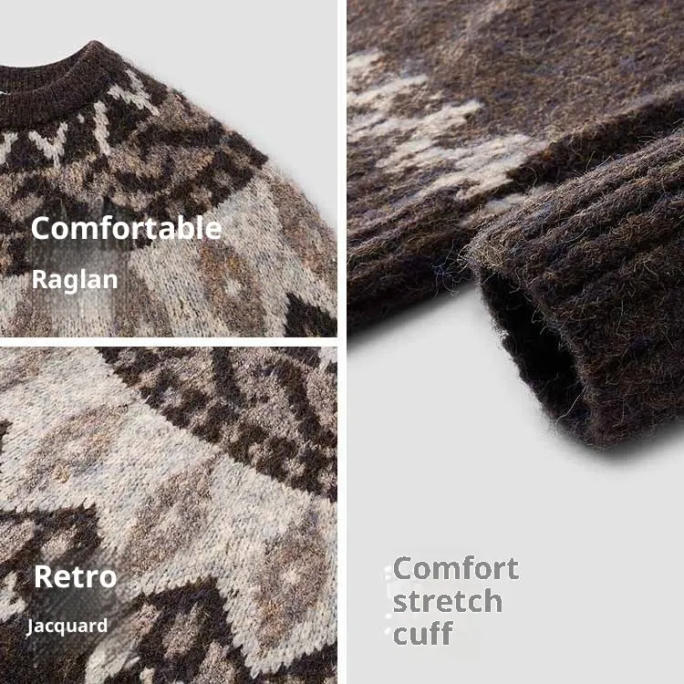 Men's round neck jacquard knitted sweater in brown, synthetic fibre blend, long sleeves, regular thickness