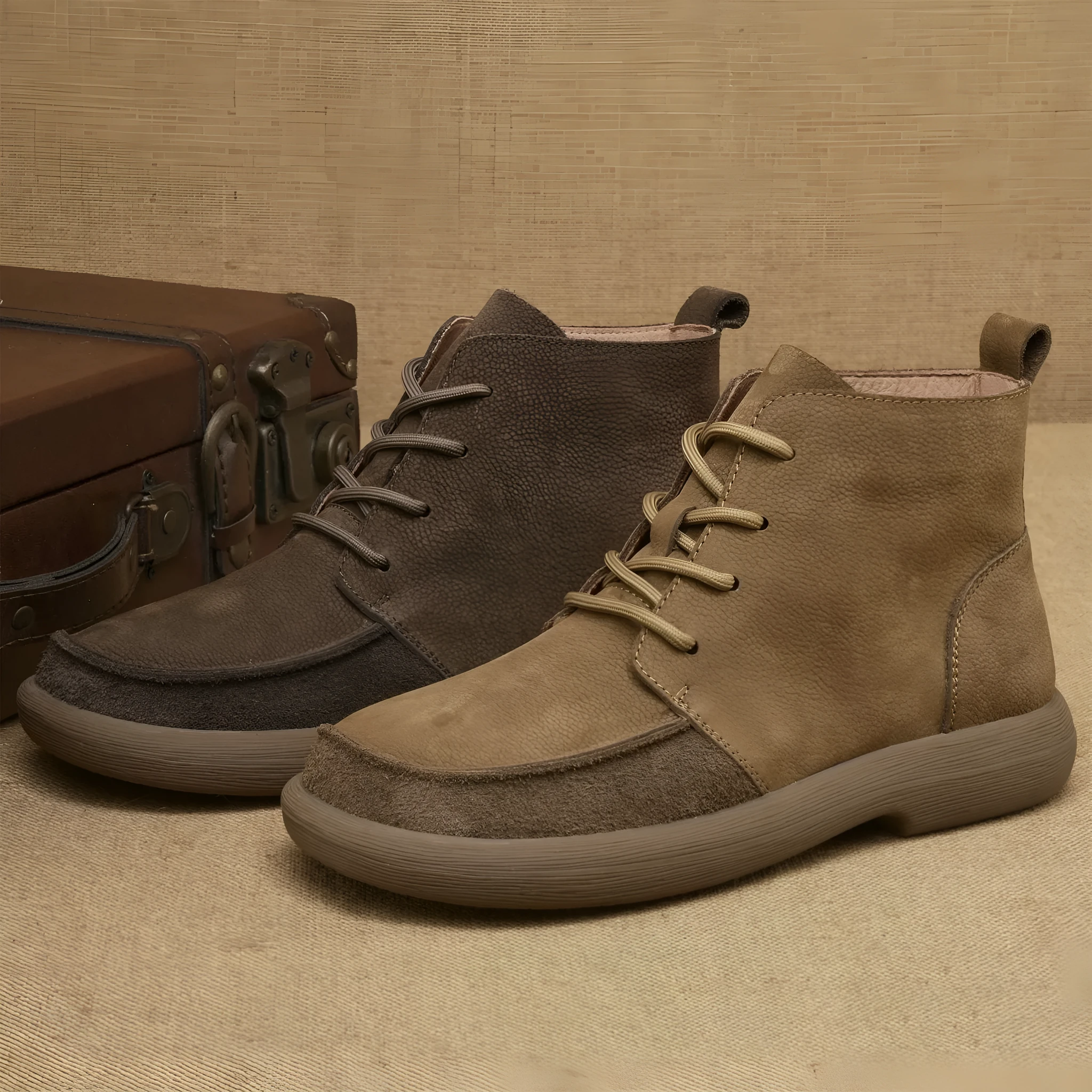 Grey Martin boots with genuine leather wedge heel and lace-up front