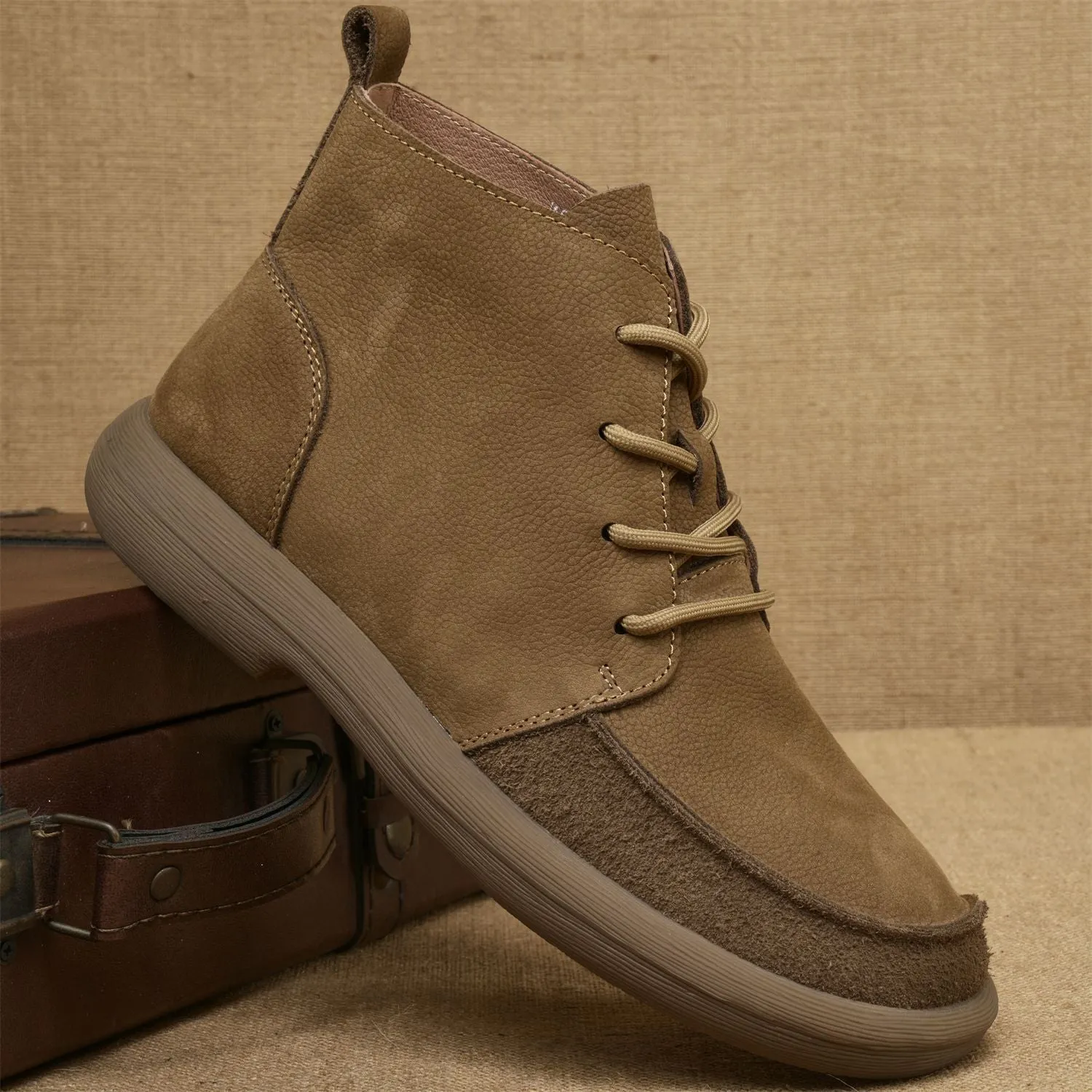 Grey Martin boots with genuine leather wedge heel and lace-up front