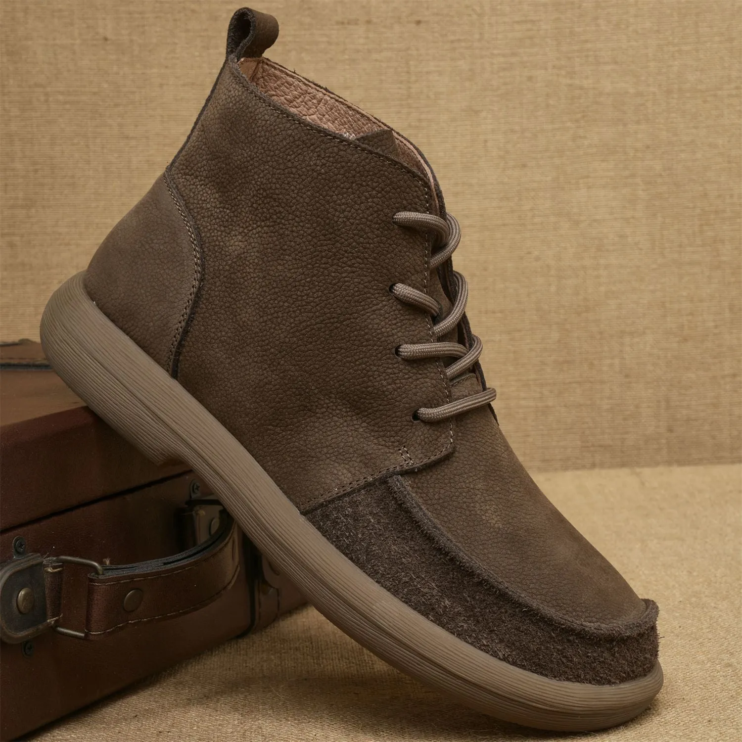Grey Martin boots with genuine leather wedge heel and lace-up front