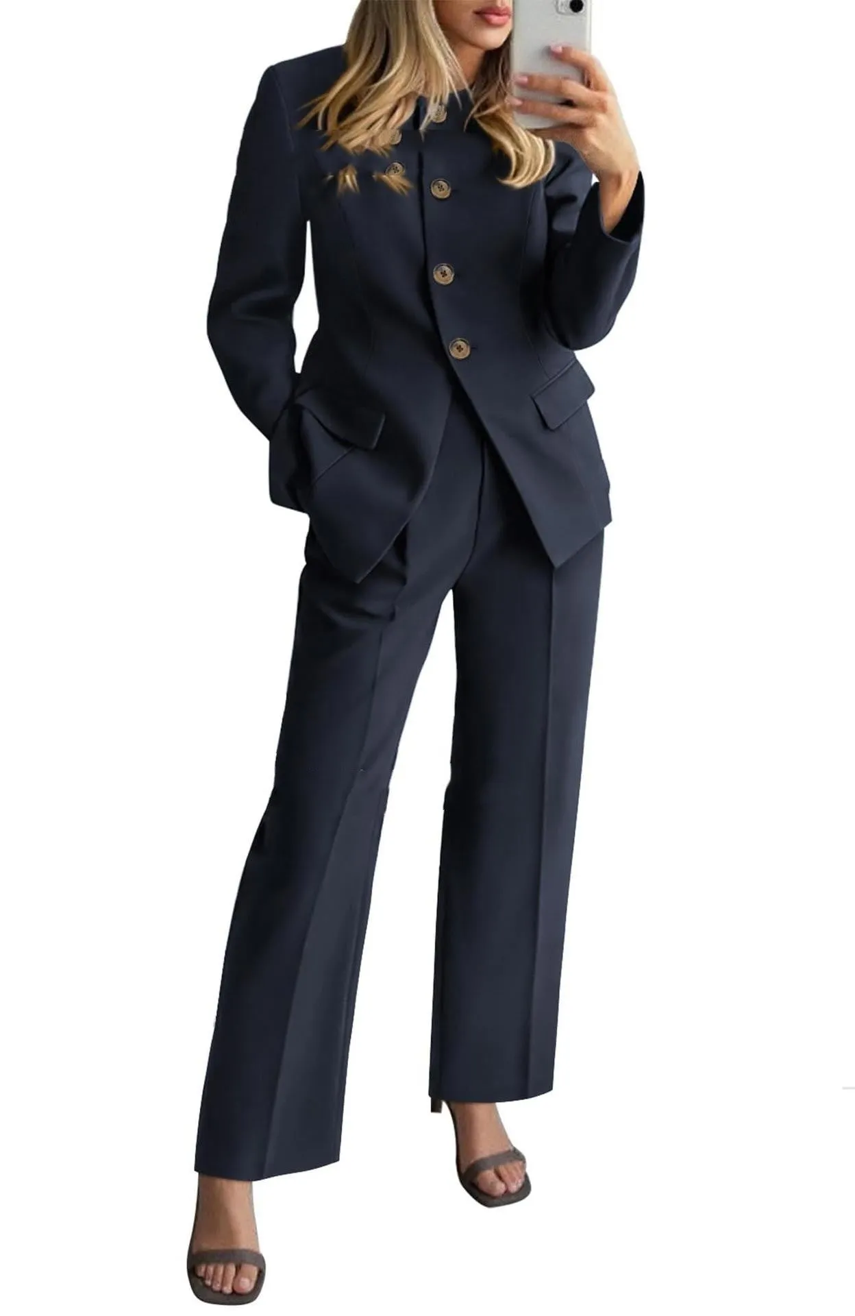 Women's two-piece pantsuit set with long-sleeve blazer and trousers in olive green, beige, red, coffee, black, navy blue