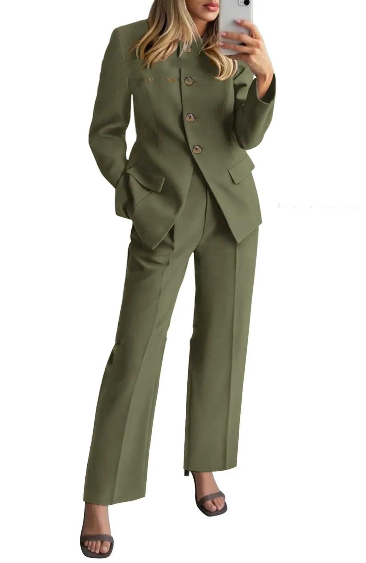 Women's two-piece pantsuit set with long-sleeve blazer and trousers in olive green, beige, red, coffee, black, navy blue