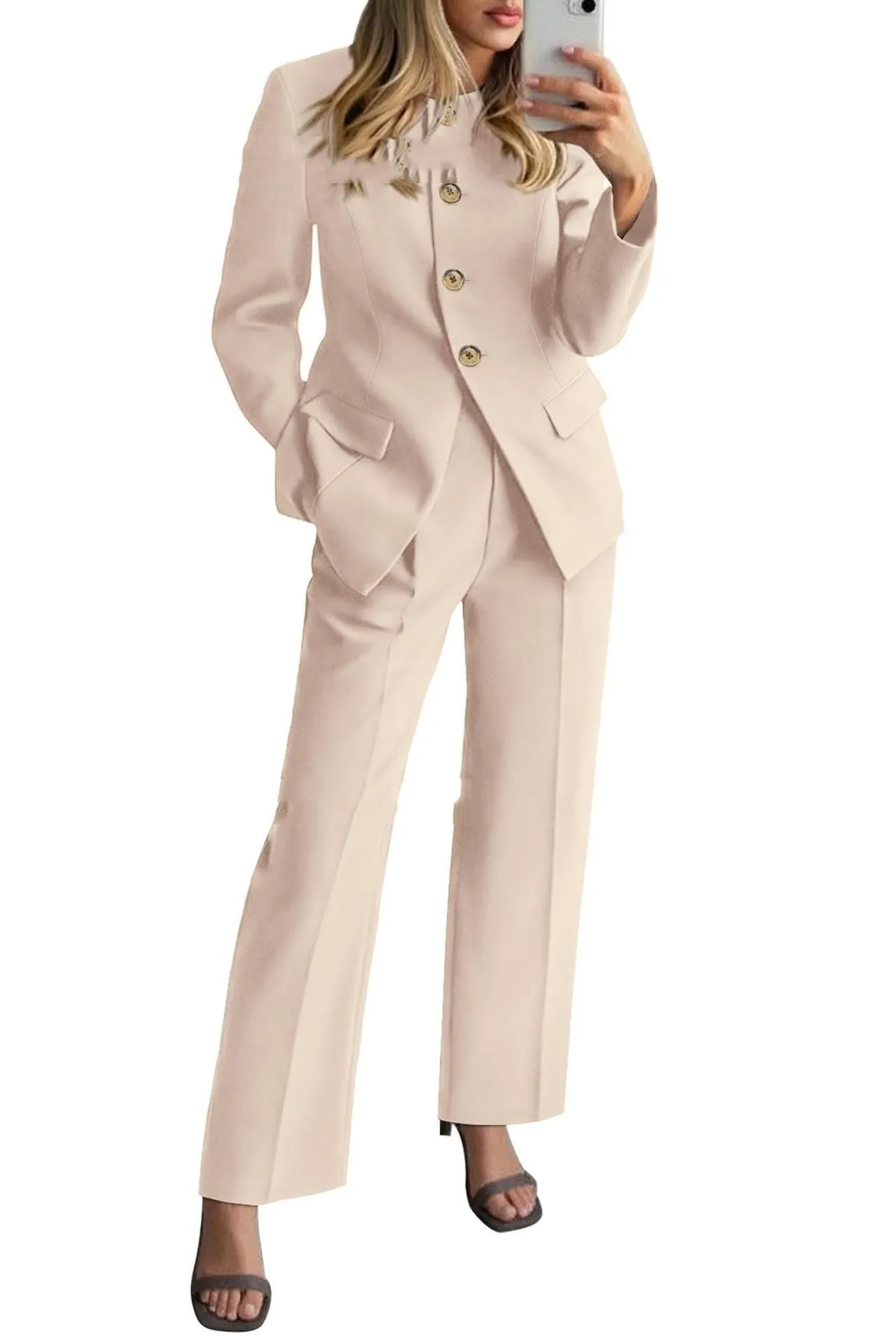 Women's two-piece pantsuit set with long-sleeve blazer and trousers in olive green, beige, red, coffee, black, navy blue