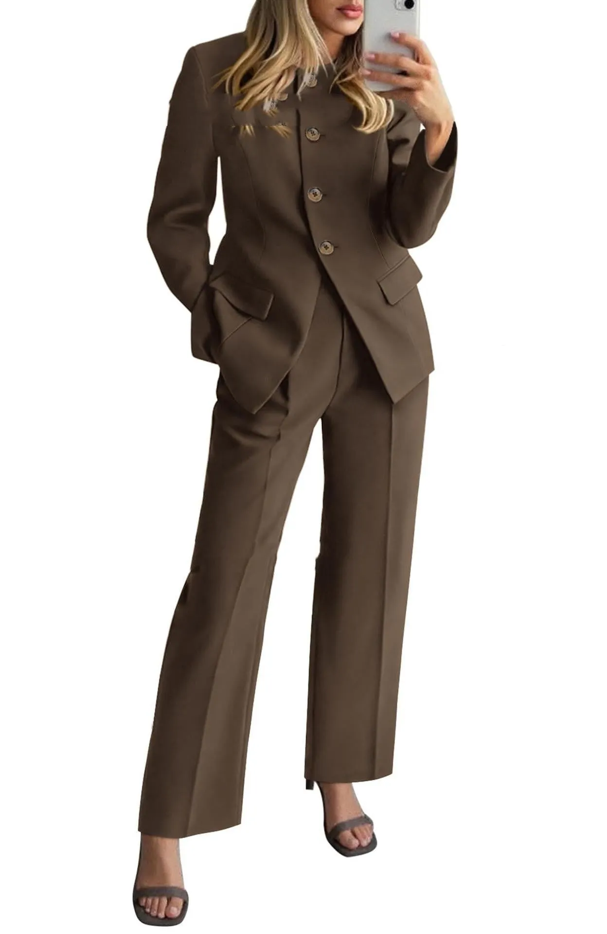 Women's two-piece pantsuit set with long-sleeve blazer and trousers in olive green, beige, red, coffee, black, navy blue