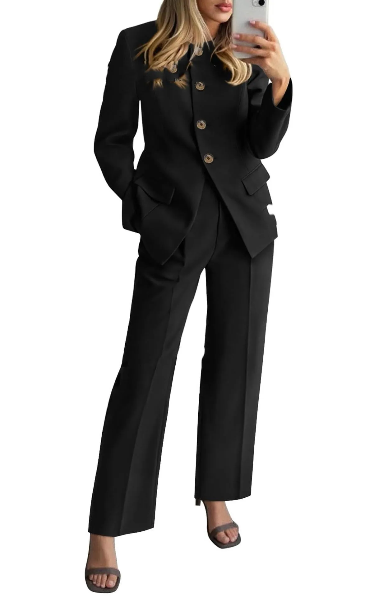 Women's two-piece pantsuit set with long-sleeve blazer and trousers in olive green, beige, red, coffee, black, navy blue