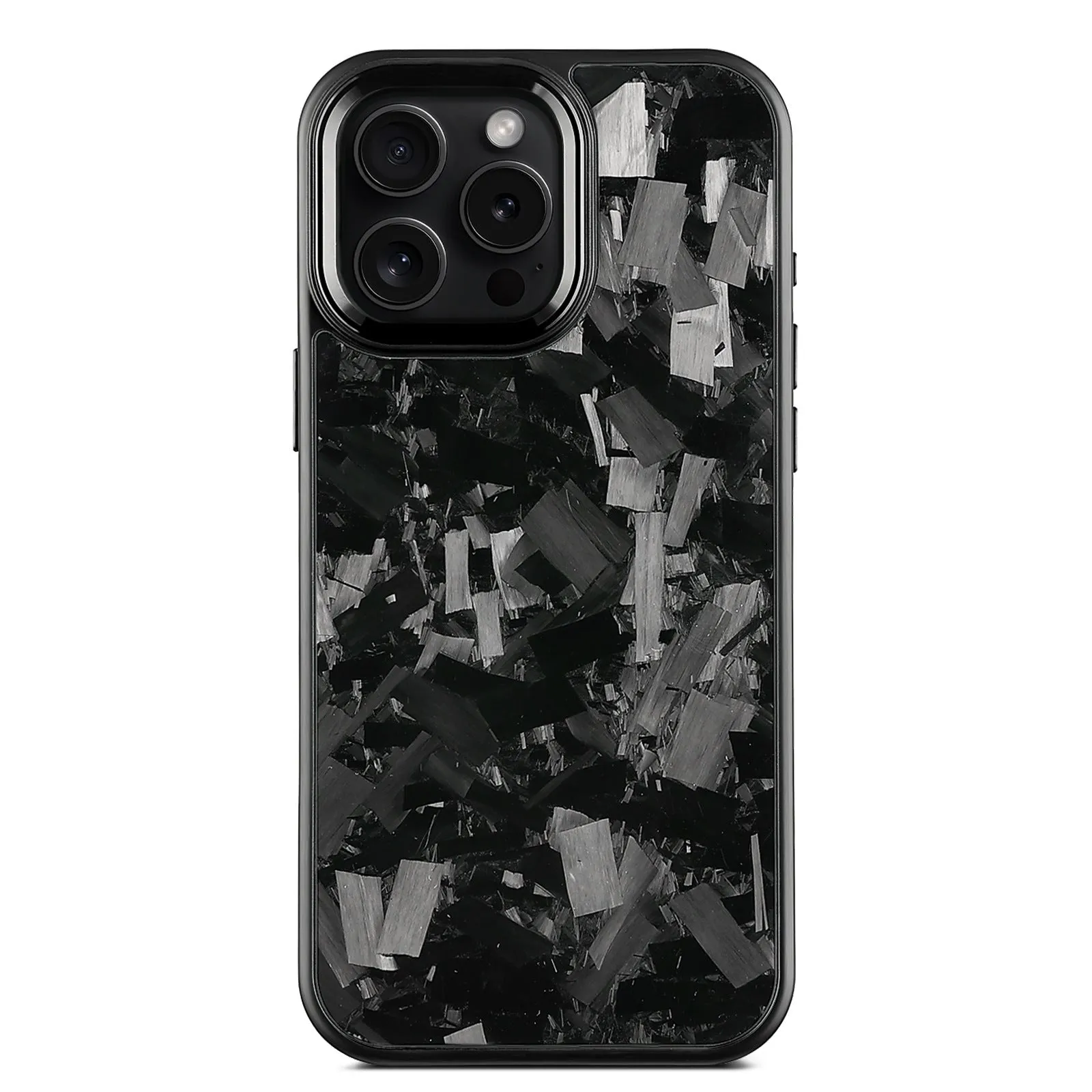 Black metal frame magnetic protective phone case with blue-gold forged carbon fibre pattern for iPhone 17 models.