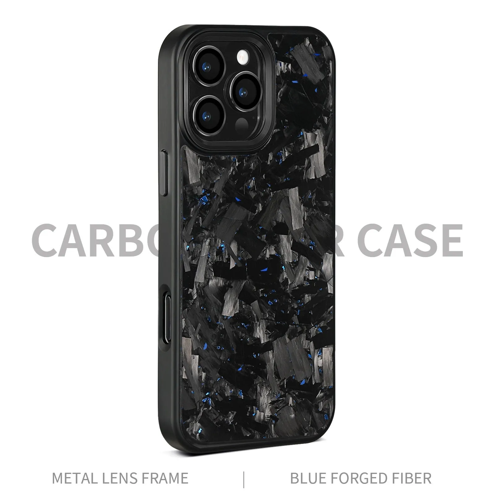 Black metal frame magnetic protective phone case with blue-gold forged carbon fibre pattern for iPhone 17 models.