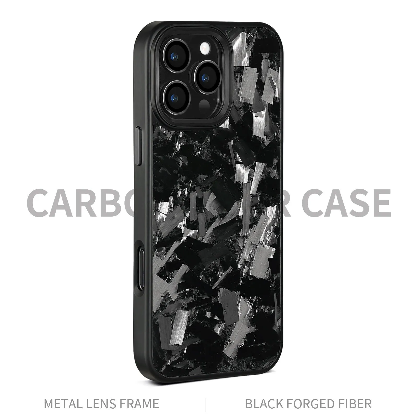 Black metal frame magnetic protective phone case with blue-gold forged carbon fibre pattern for iPhone 17 models.
