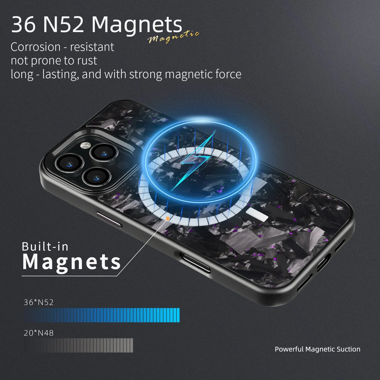 Black metal frame magnetic protective phone case with blue-gold forged carbon fibre pattern for iPhone 17 models.