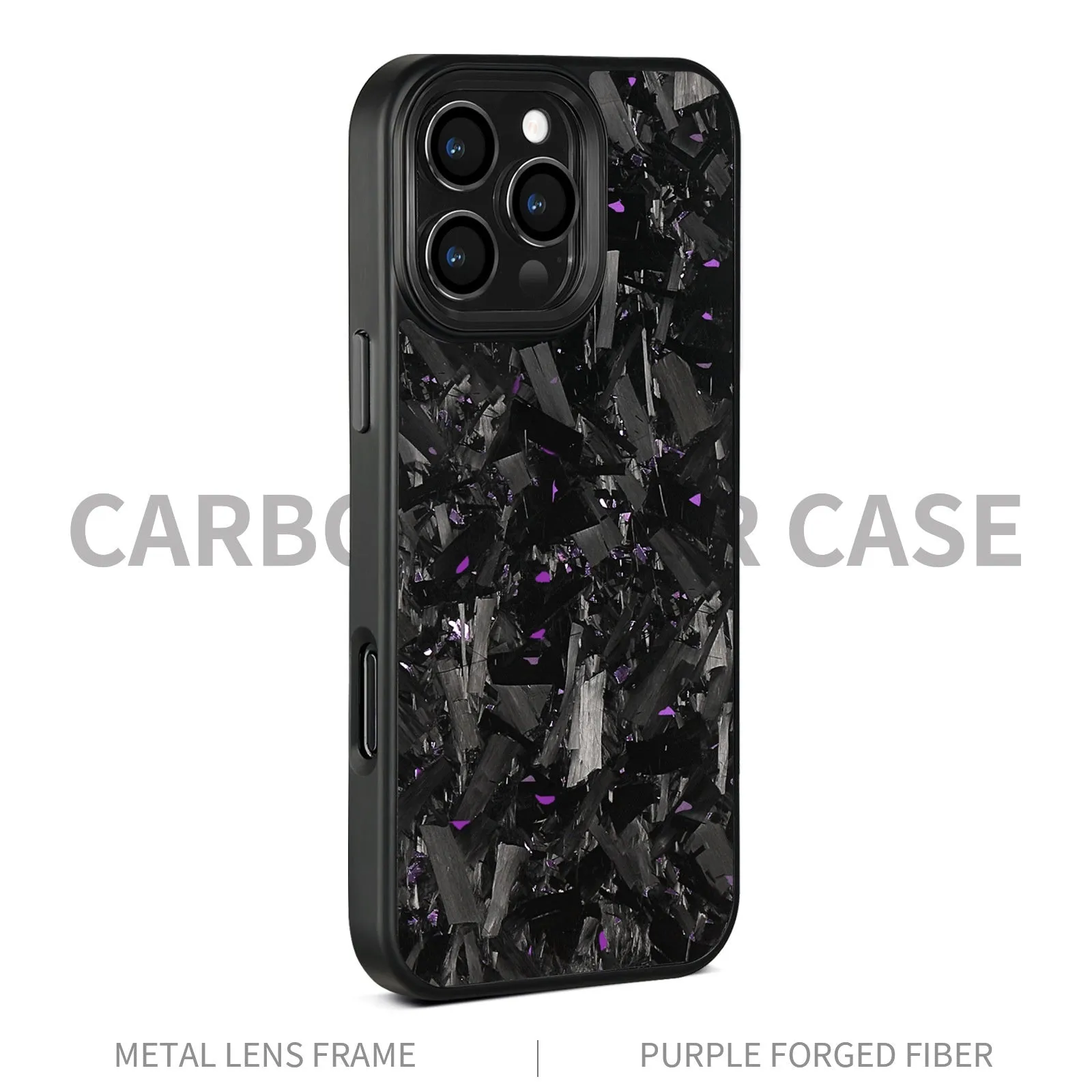 Black metal frame magnetic protective phone case with blue-gold forged carbon fibre pattern for iPhone 17 models.