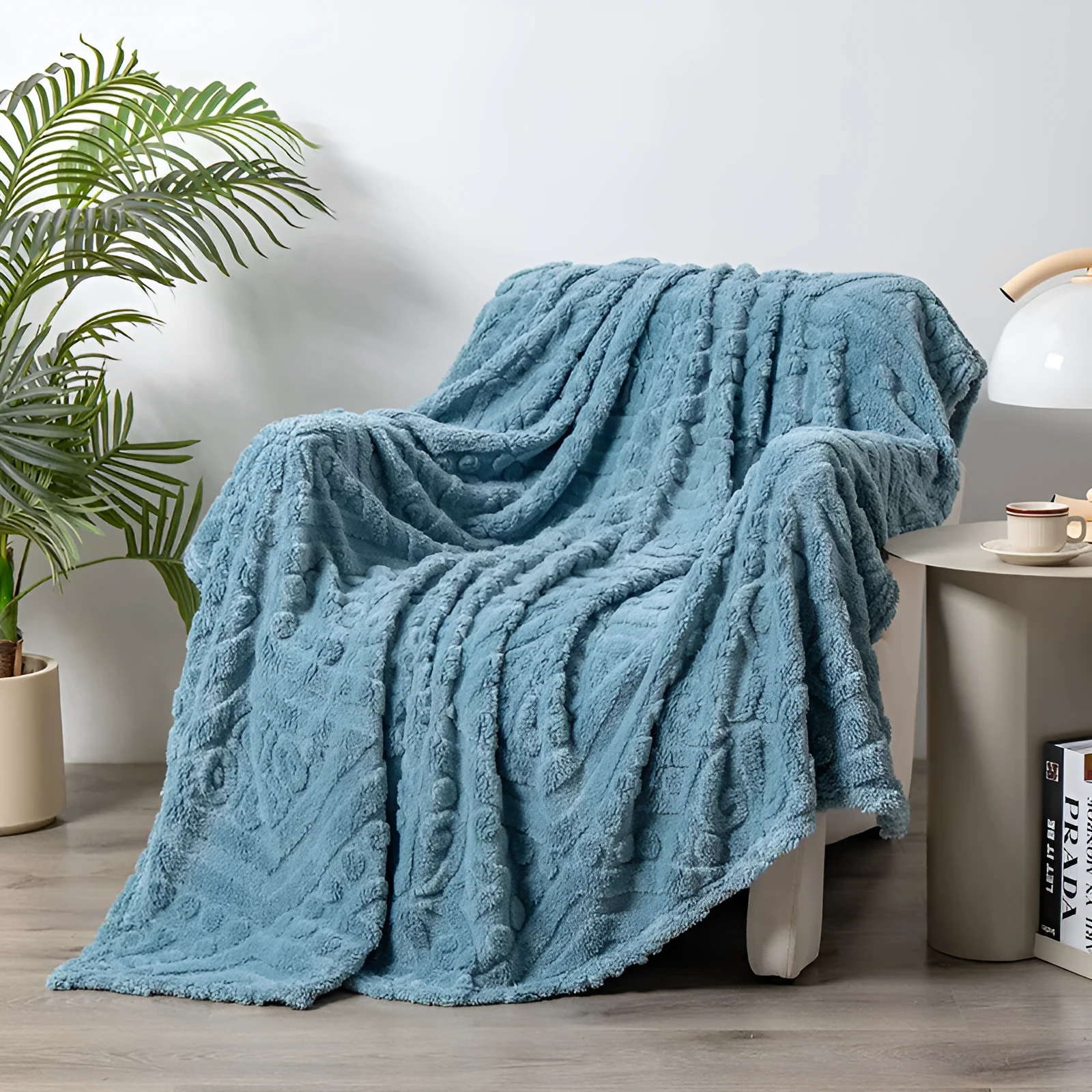 Cotton velvet jacquard sofa blanket showing plant flower pattern on solid colour background