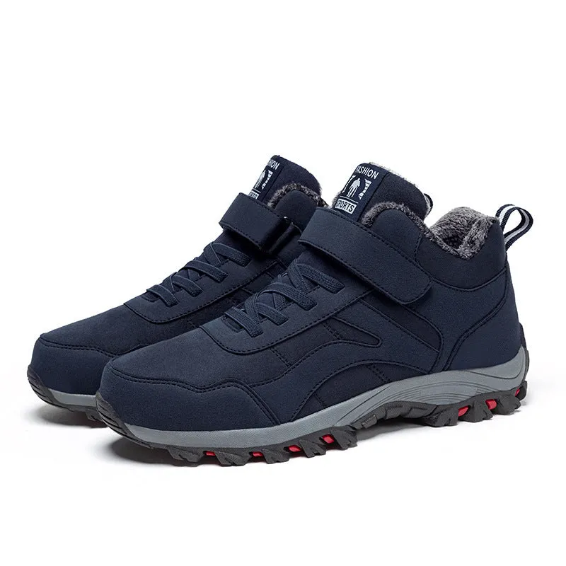 Women's high-top fleece-lined walking shoes in black synthetic leather with lace-up front