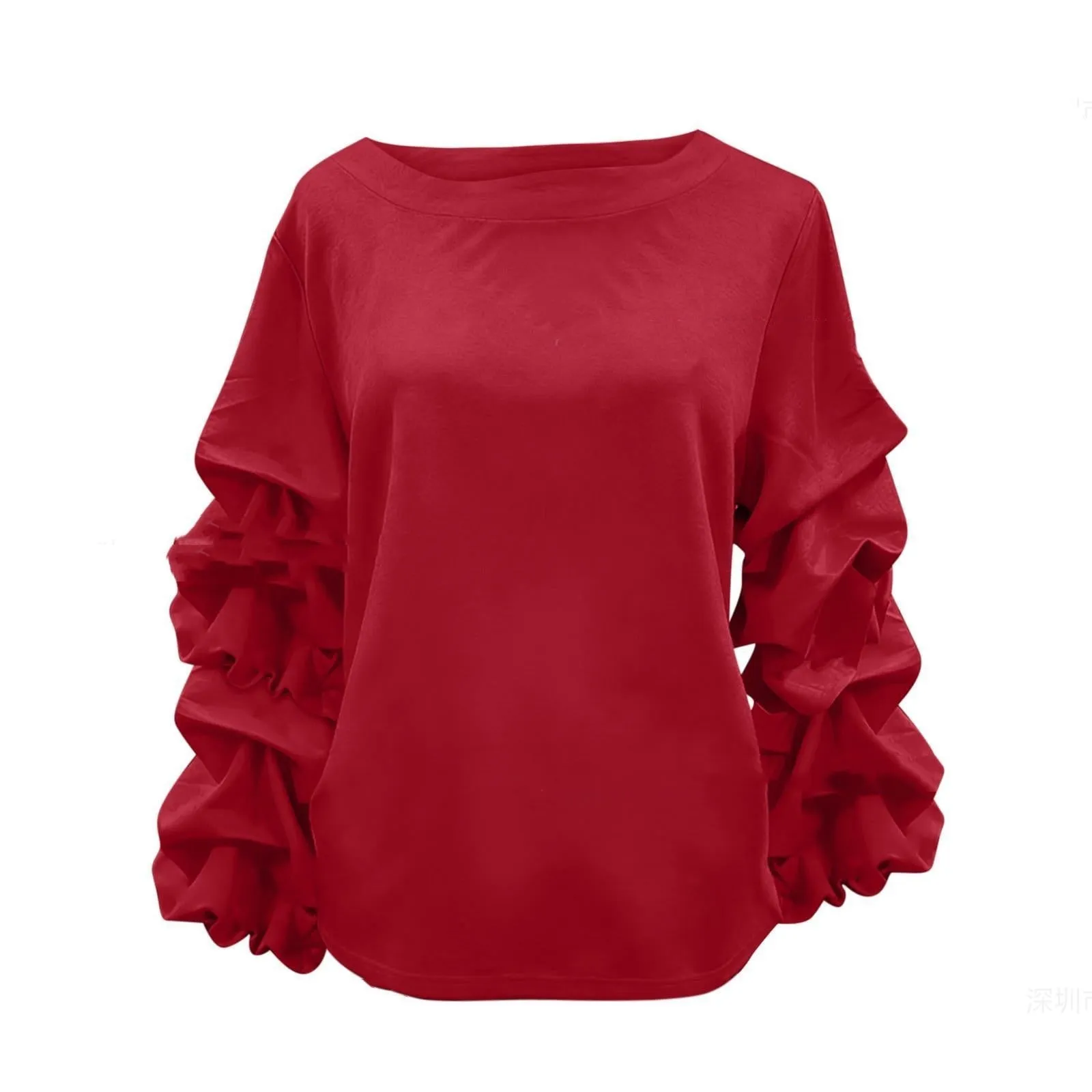Women's pleated long sleeve polyester top in solid colour, design sense fashion, available in army green black green mint green red white