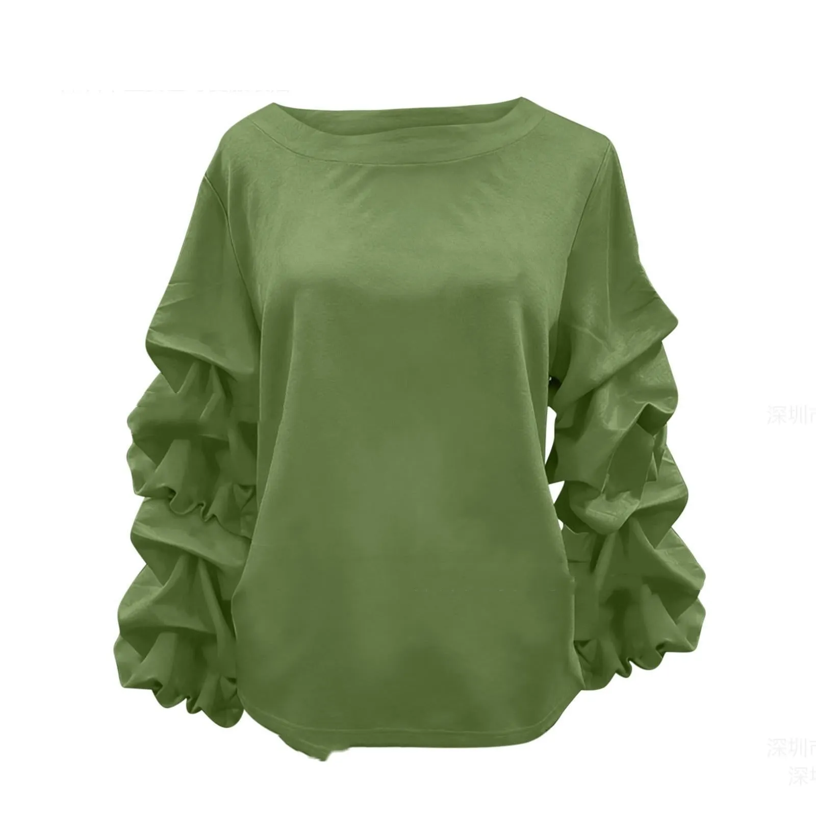 Women's pleated long sleeve polyester top in solid colour, design sense fashion, available in army green black green mint green red white