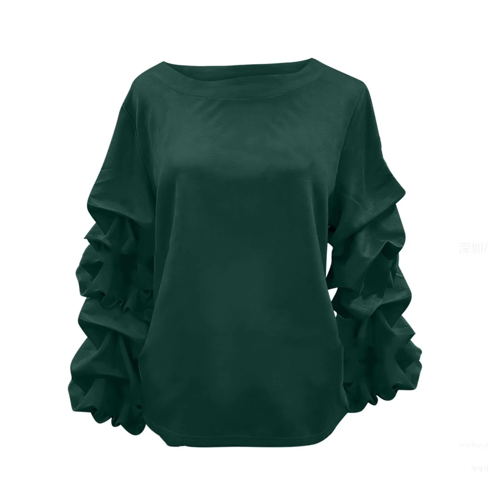 Women's pleated long sleeve polyester top in solid colour, design sense fashion, available in army green black green mint green red white