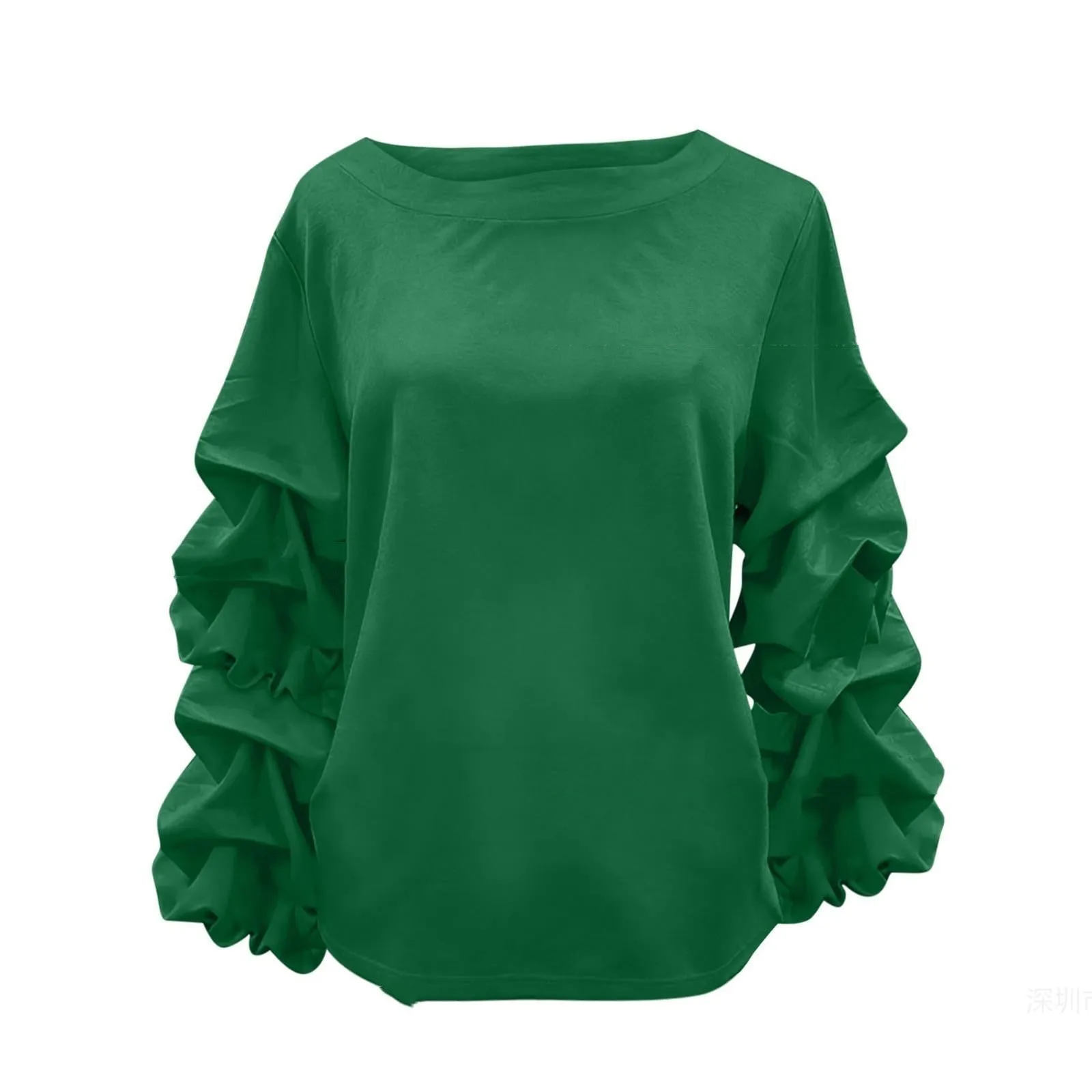 Women's pleated long sleeve polyester top in solid colour, design sense fashion, available in army green black green mint green red white