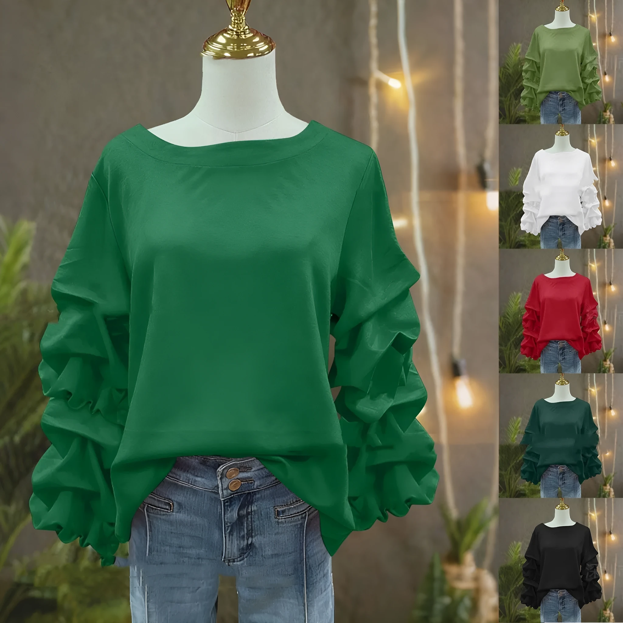 Women's pleated long sleeve polyester top in solid colour, design sense fashion, available in army green black green mint green red white