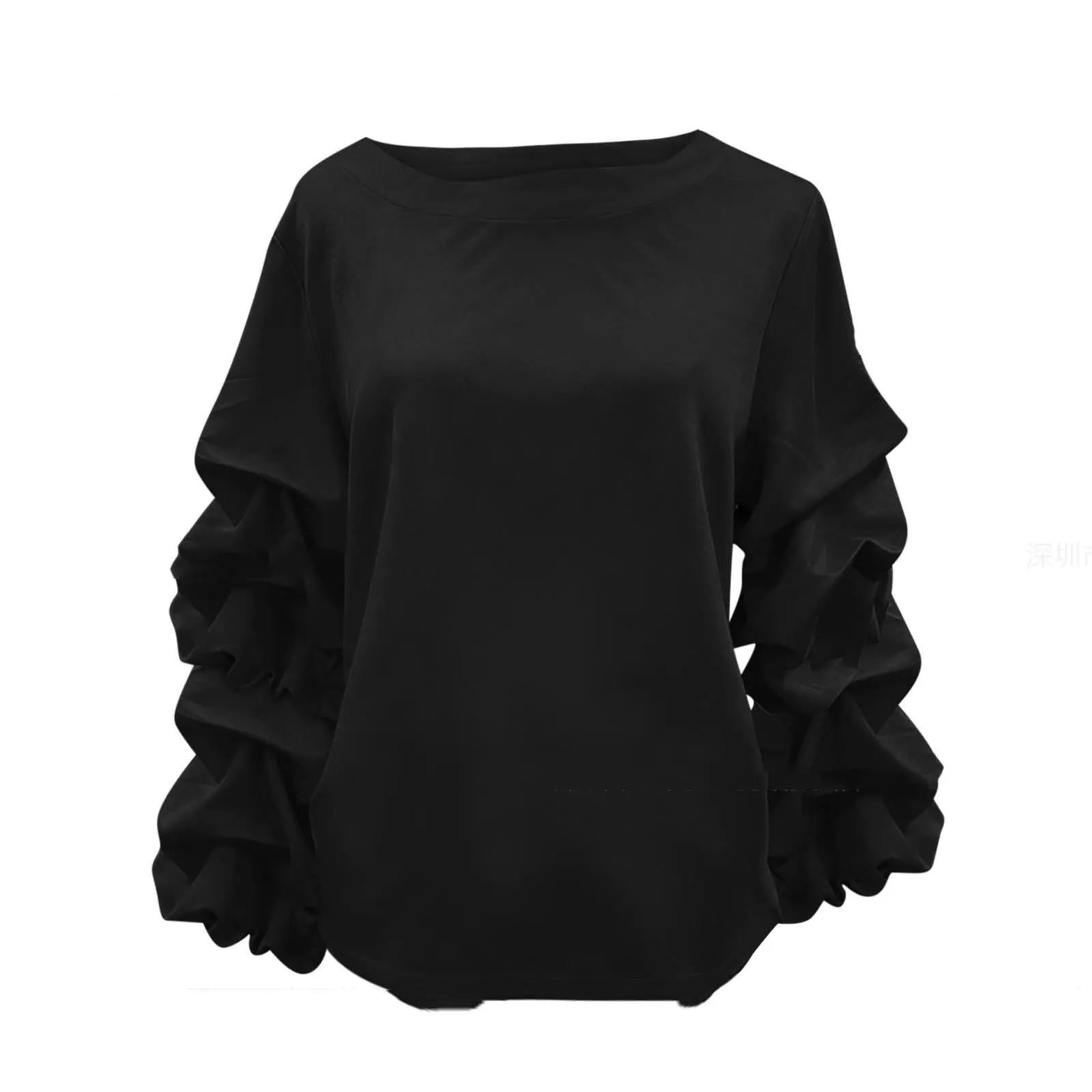 Women's pleated long sleeve polyester top in solid colour, design sense fashion, available in army green black green mint green red white