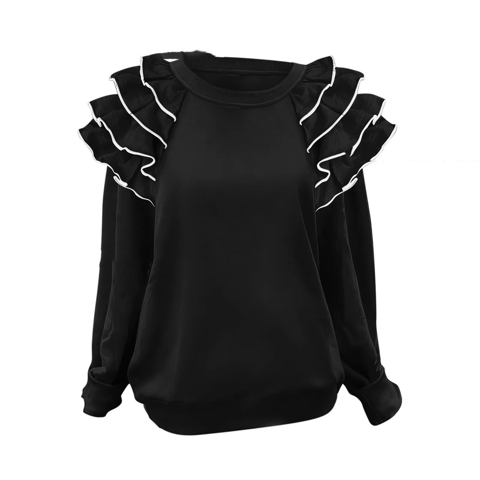 Women's polyester ruffle top in military green pullover style with regular sleeves