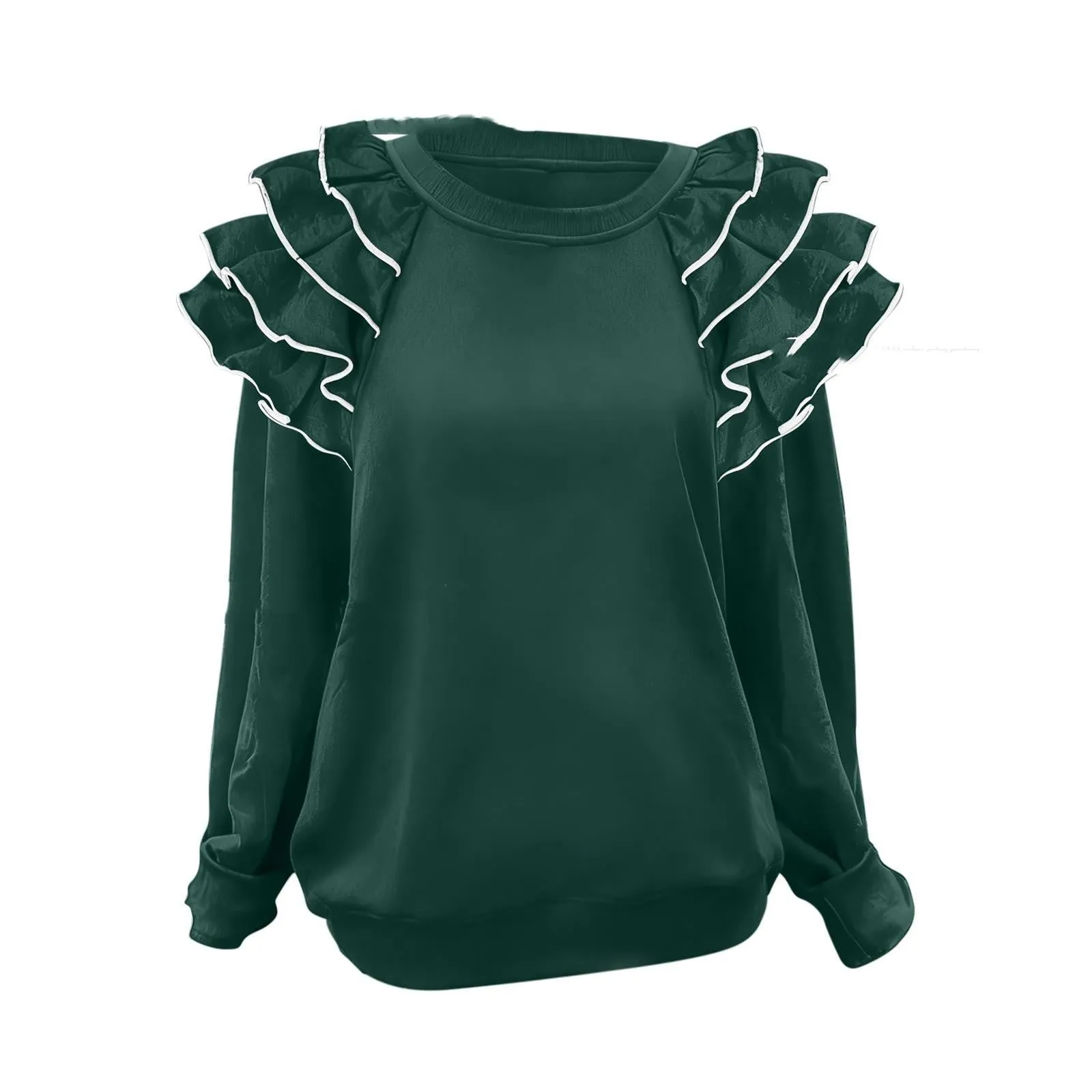 Women's polyester ruffle top in military green pullover style with regular sleeves