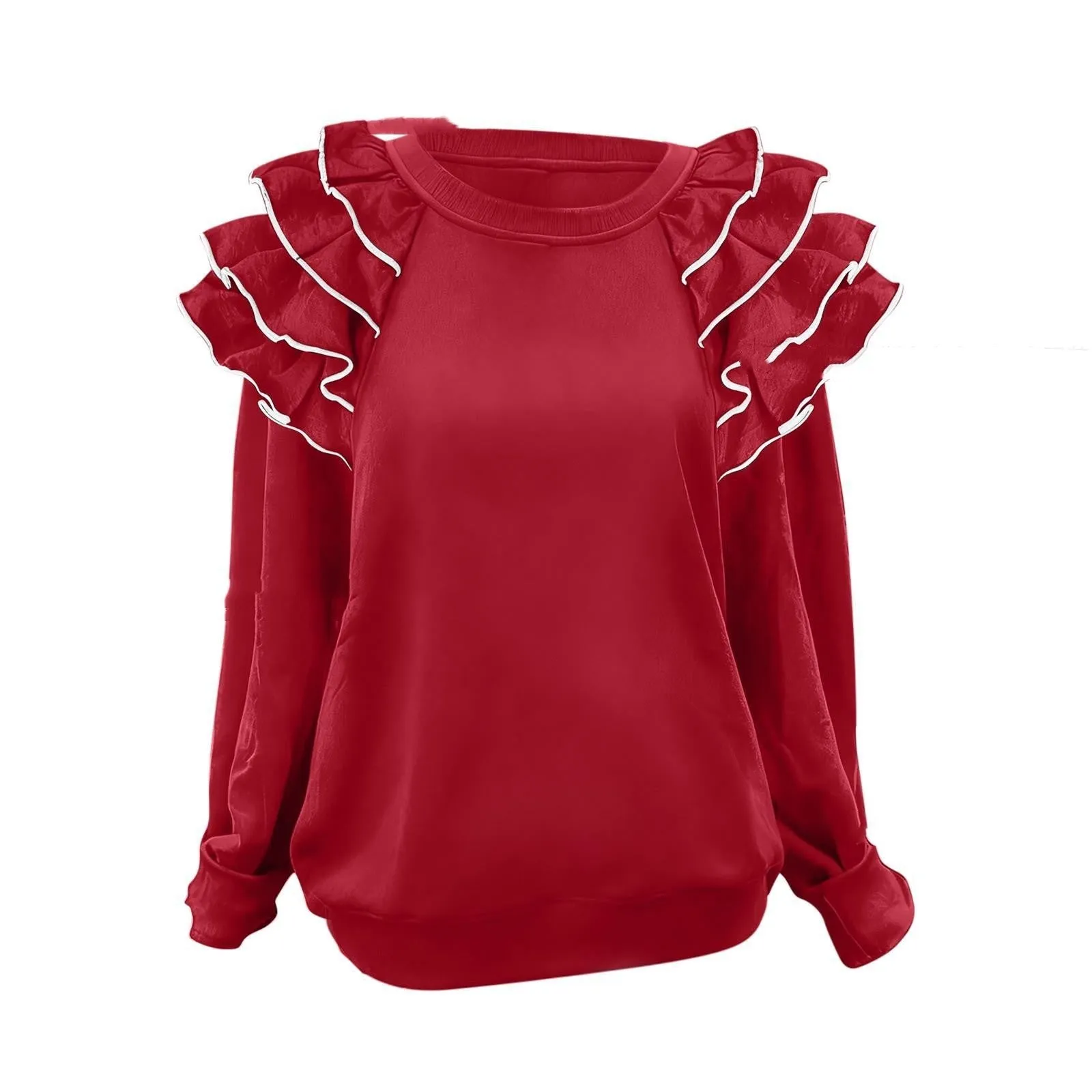 Women's polyester ruffle top in military green pullover style with regular sleeves