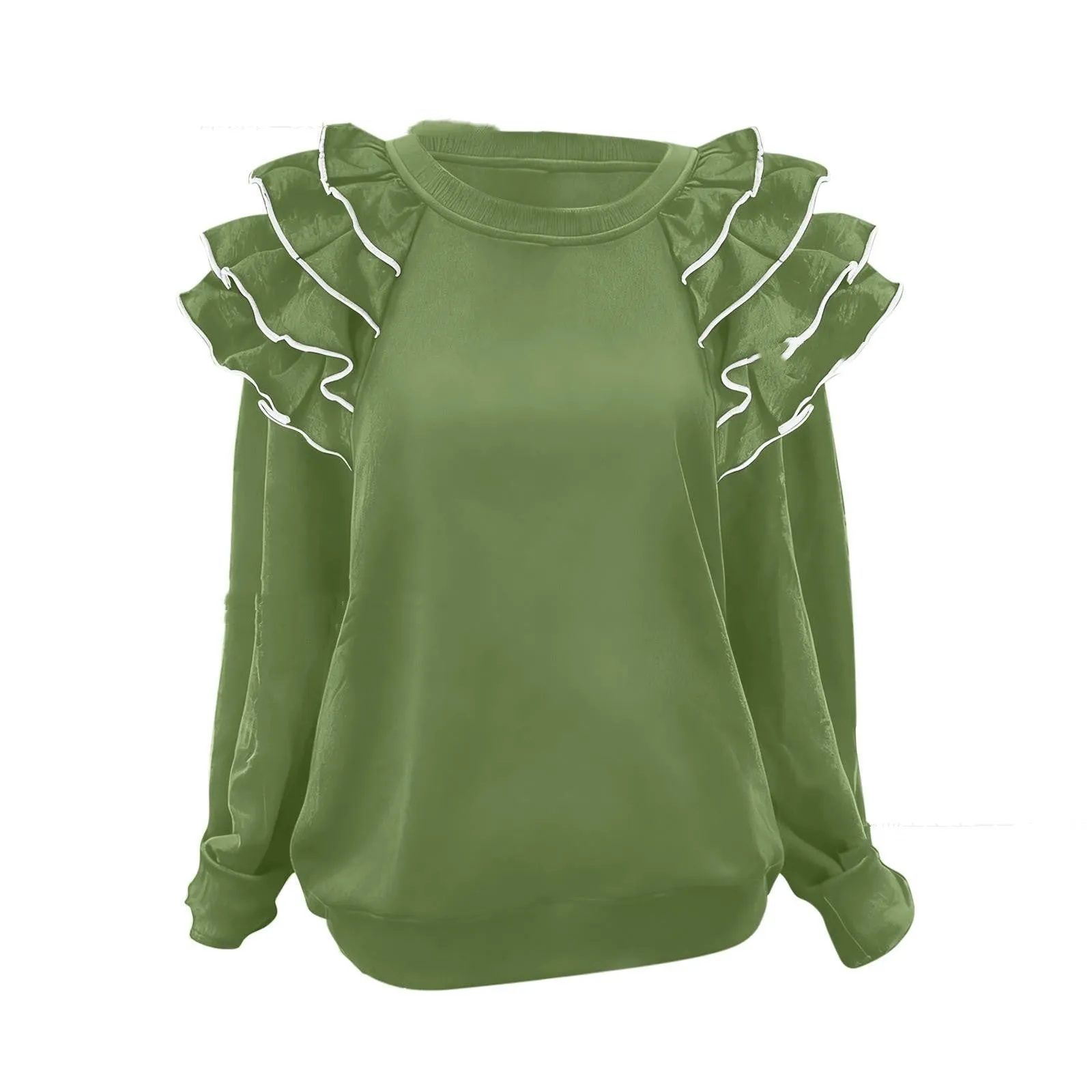 Women's polyester ruffle top in military green pullover style with regular sleeves