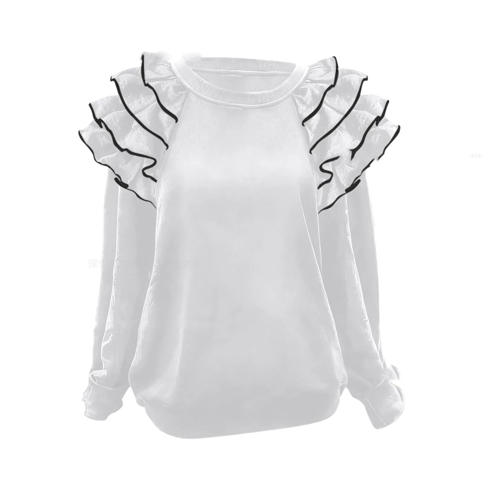 Women's polyester ruffle top in military green pullover style with regular sleeves