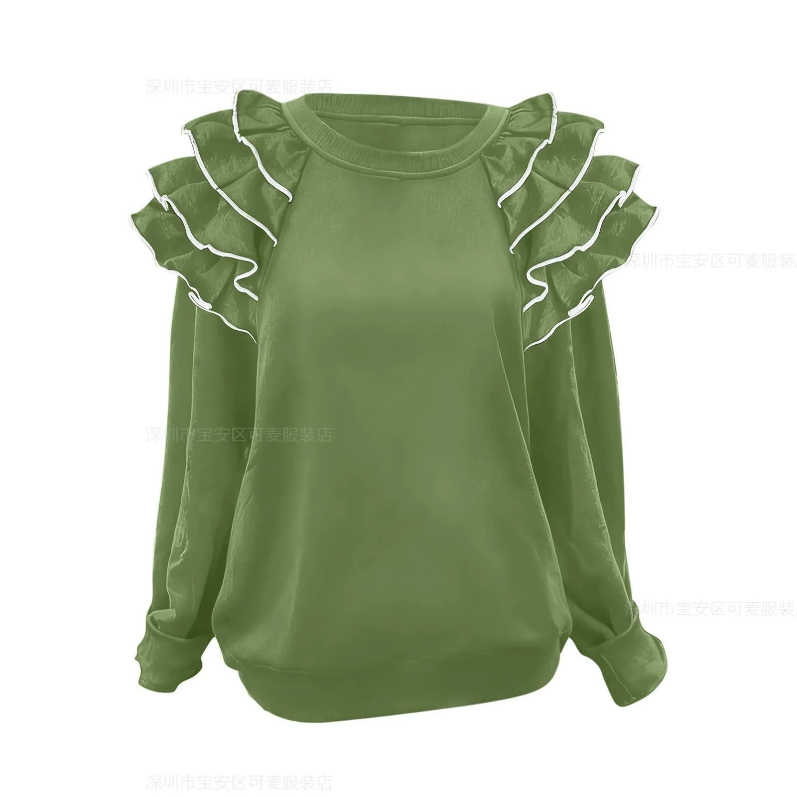 Women's polyester ruffle top in military green pullover style with regular sleeves