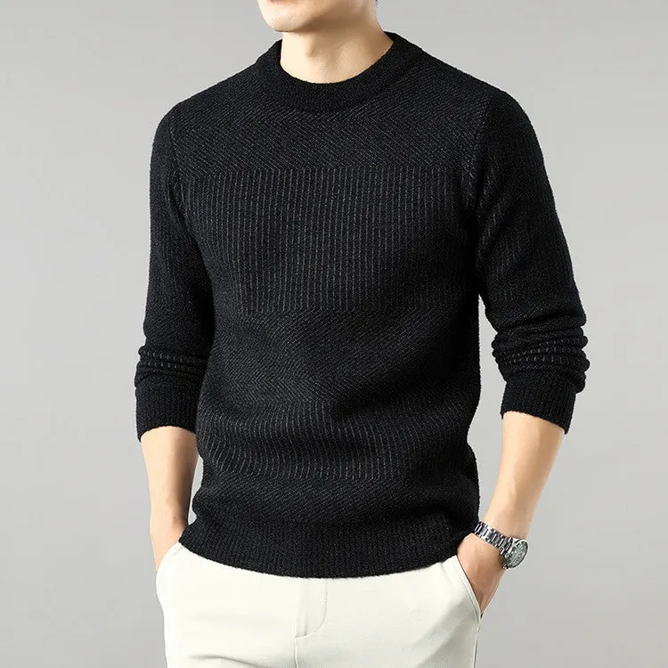 Men's round neck long sleeve chenille base sweater in apricot, straight fit, on a plain background