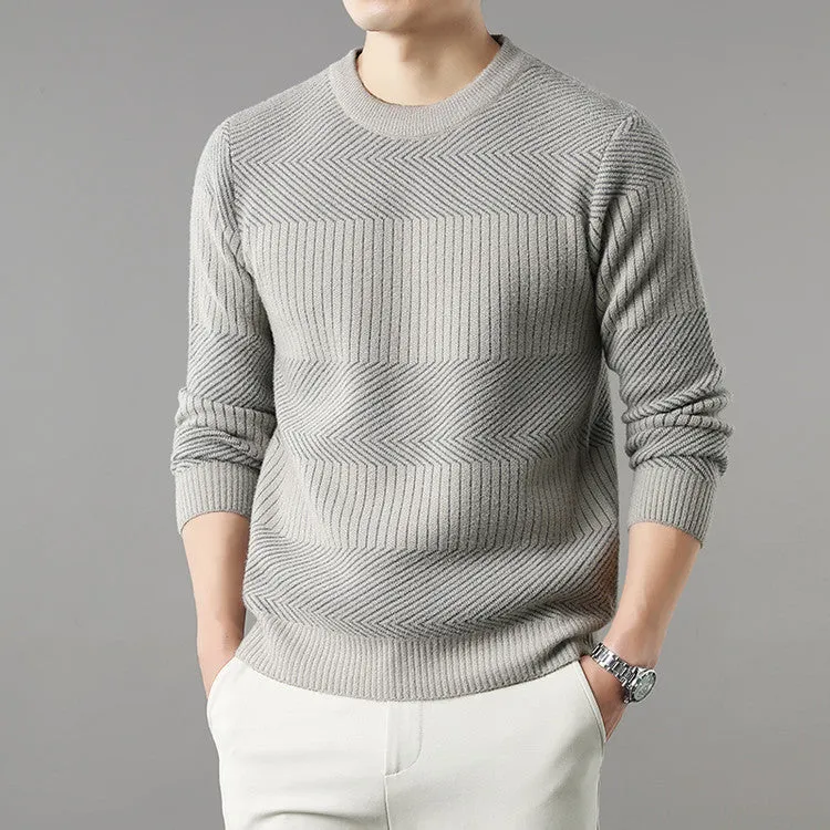 Men's round neck long sleeve chenille base sweater in apricot, straight fit, on a plain background
